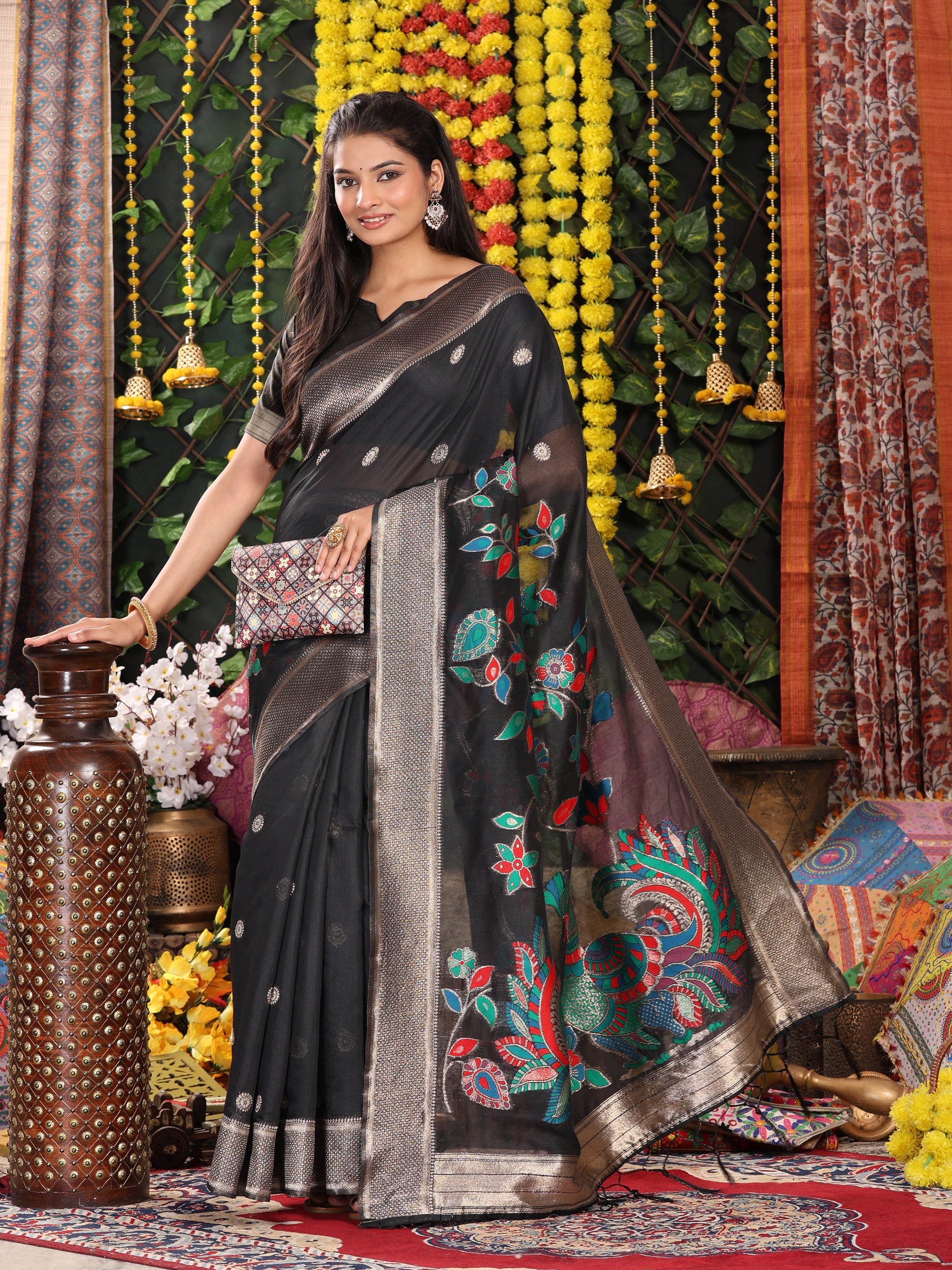 Cotton Linen Saree with Majestic Peacock Pallu & Premium Woven Zari Border- black