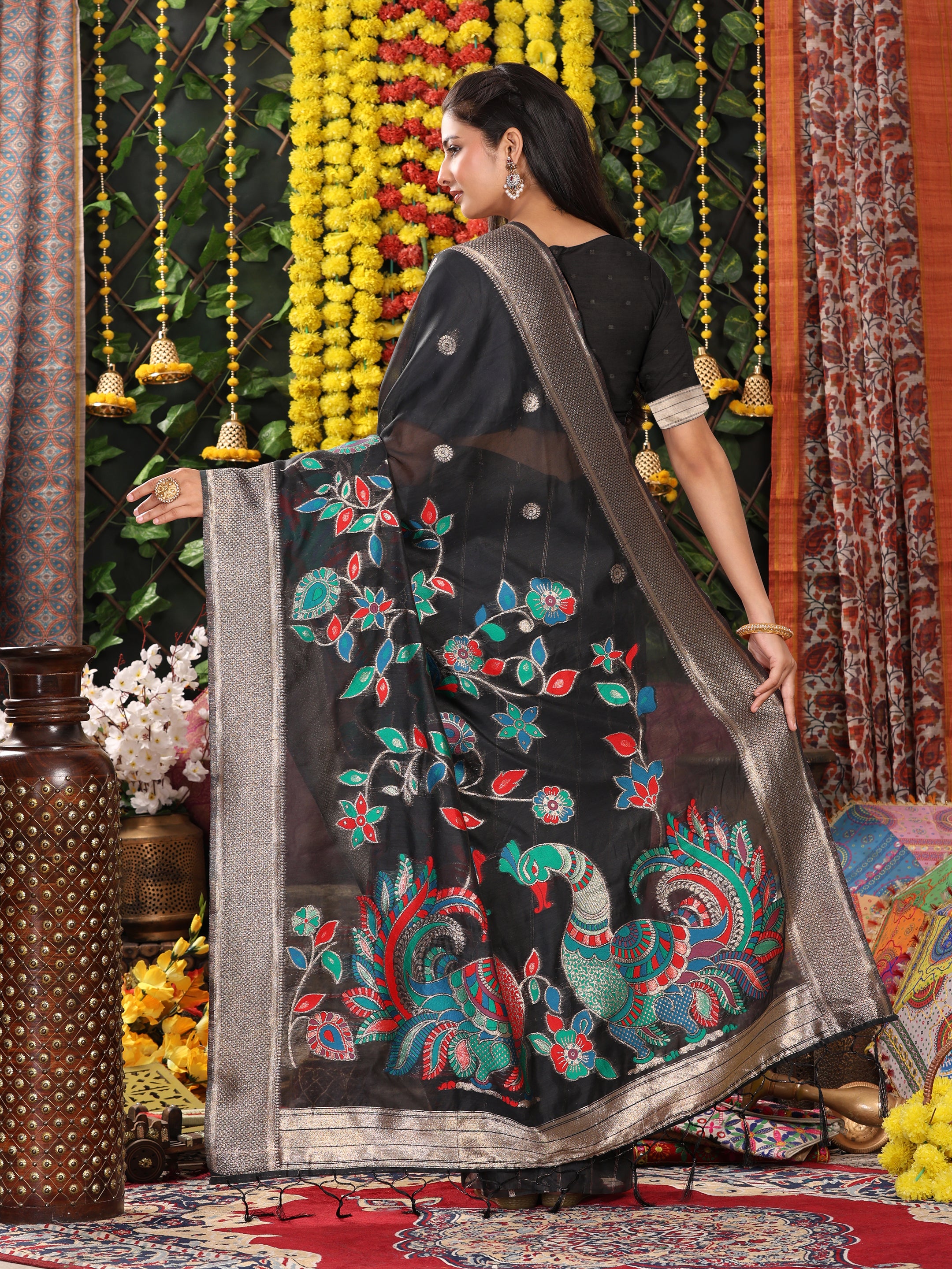 Cotton Linen Saree with Majestic Peacock Pallu & Premium Woven Zari Border- black