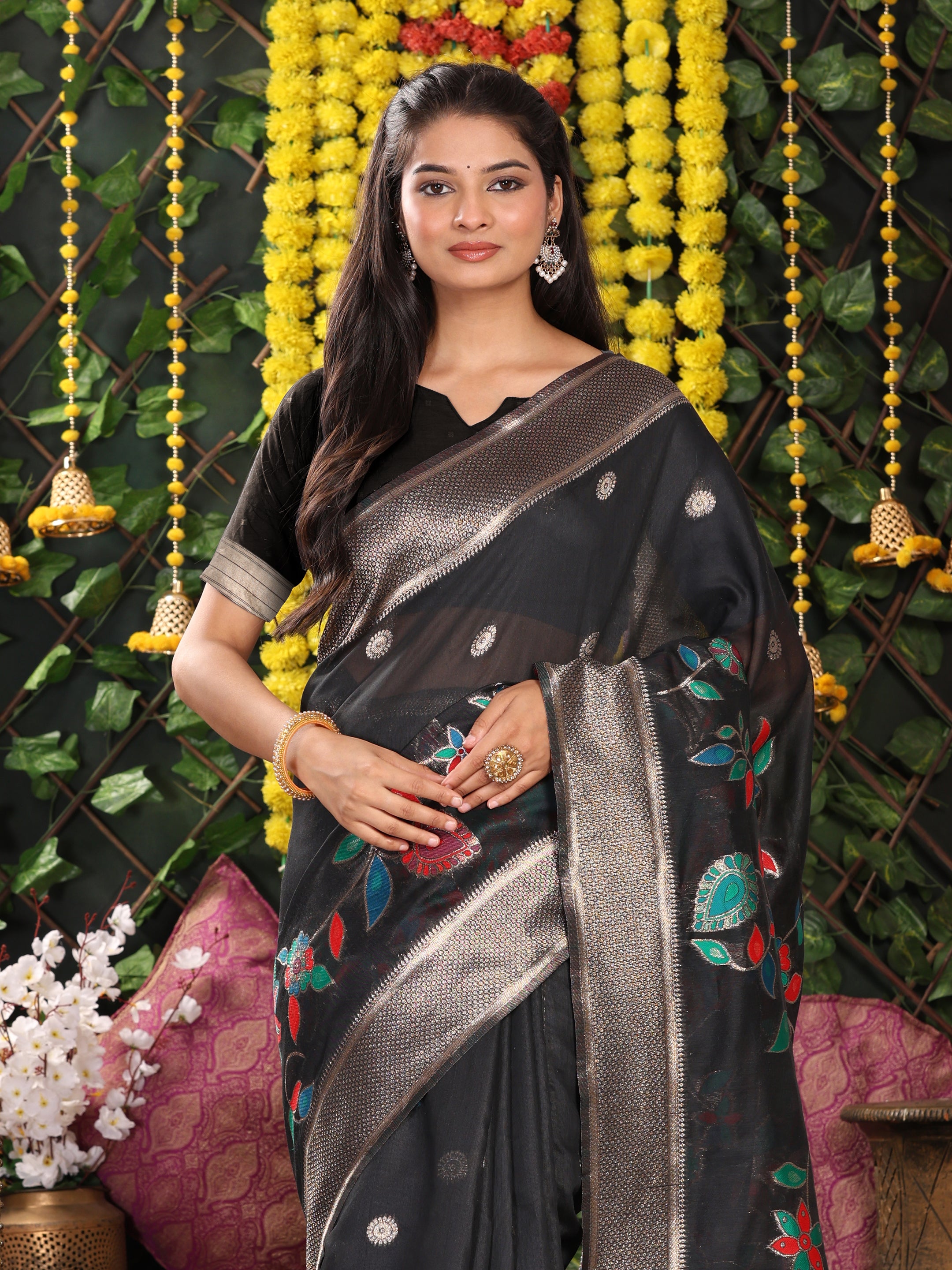 Cotton Linen Saree with Majestic Peacock Pallu & Premium Woven Zari Border- black
