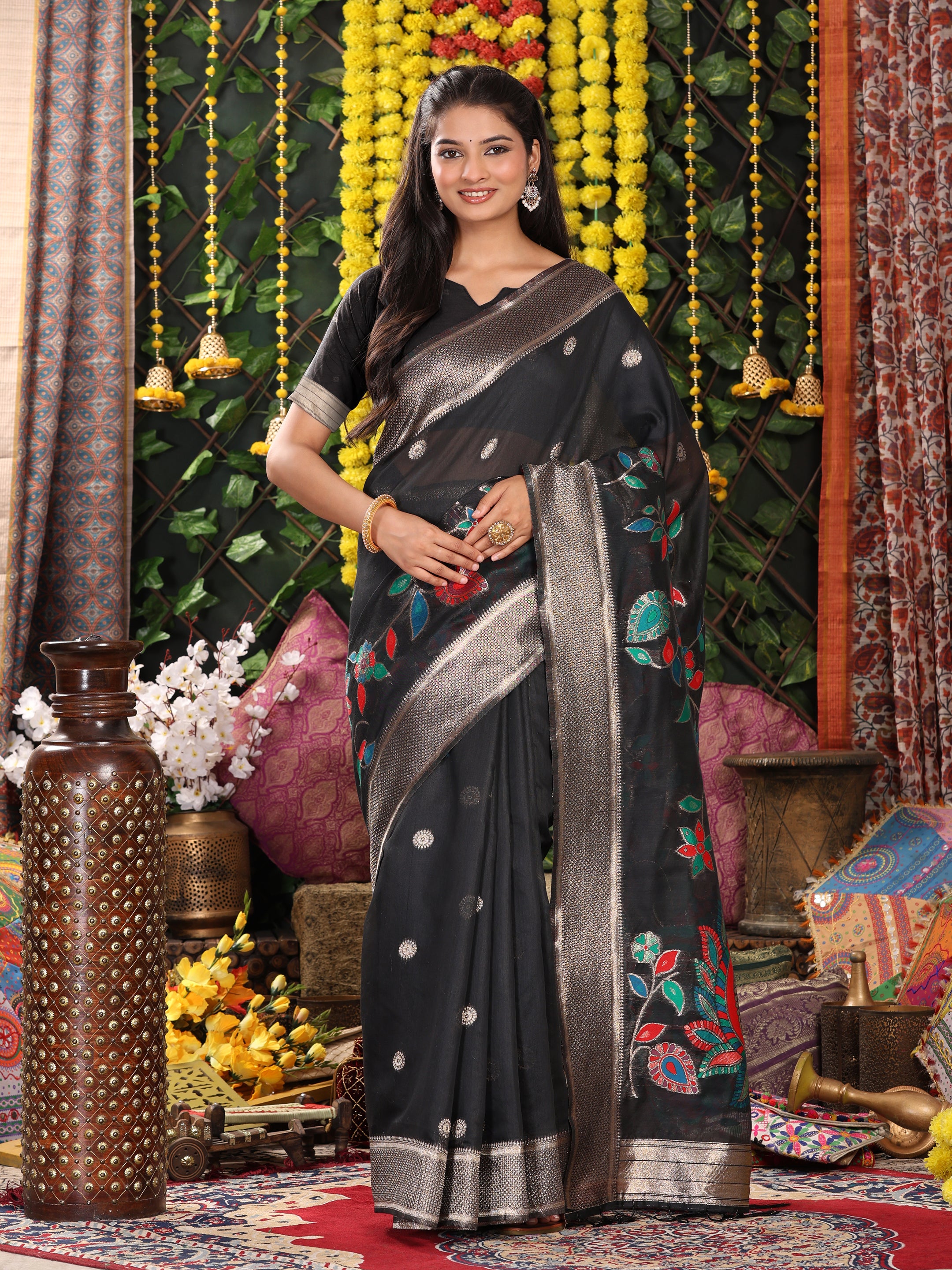 Cotton Linen Saree with Majestic Peacock Pallu & Premium Woven Zari Border- black
