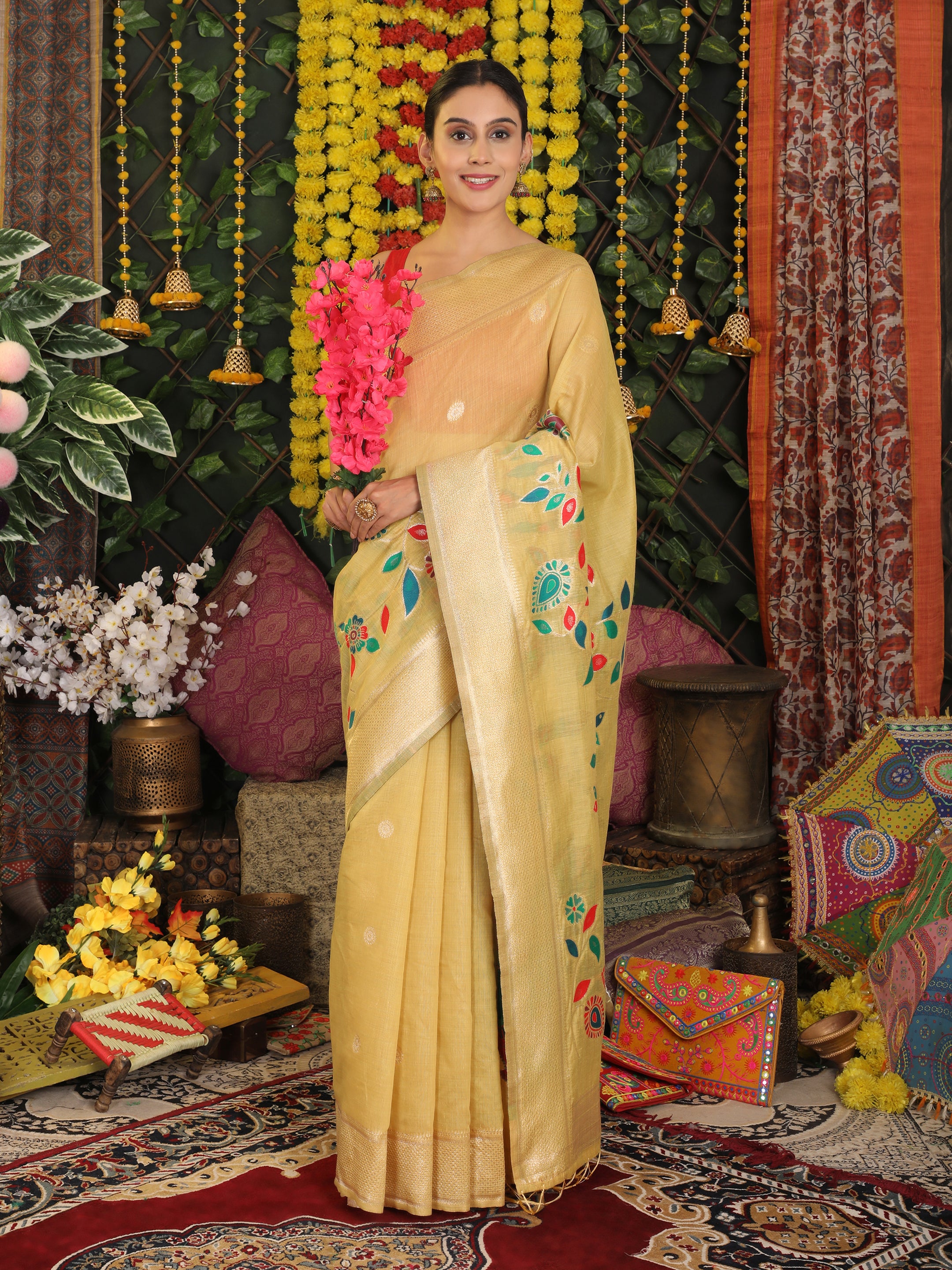 Cotton Linen Saree with Majestic Peacock Pallu & Premium Woven Zari Border- yellow