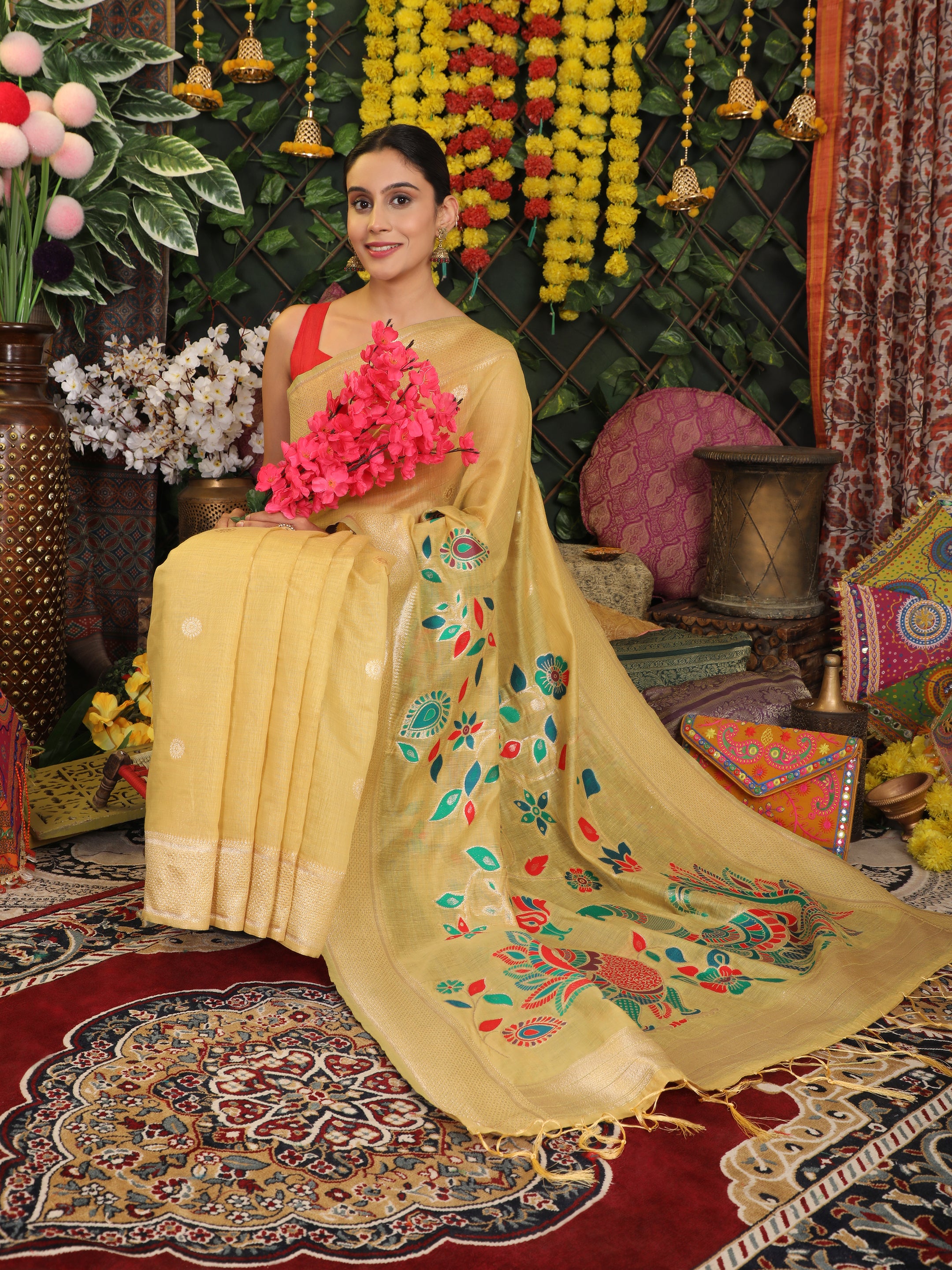 Cotton Linen Saree with Majestic Peacock Pallu & Premium Woven Zari Border- yellow