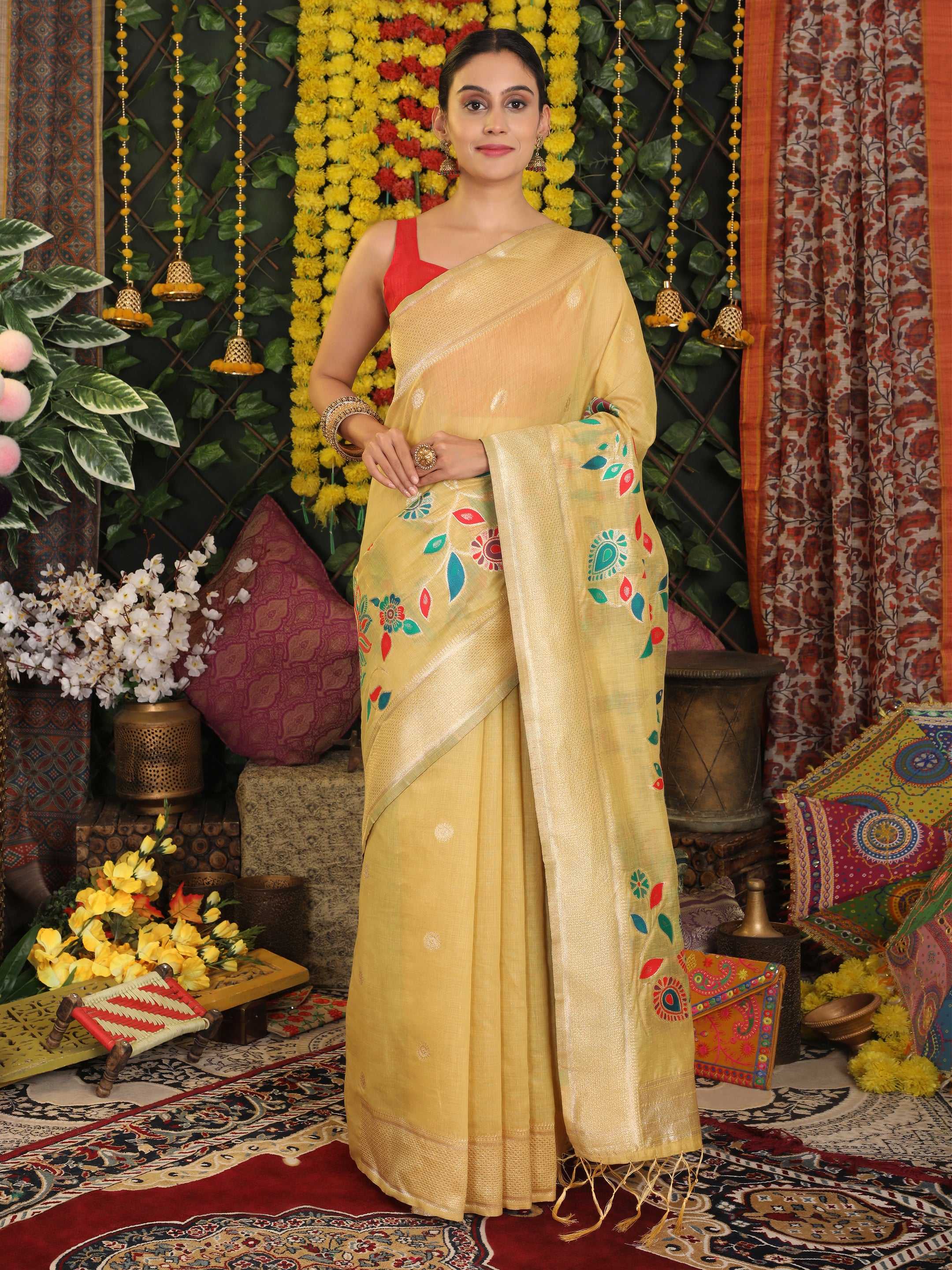 Cotton Linen Saree with Majestic Peacock Pallu & Premium Woven Zari Border- yellow