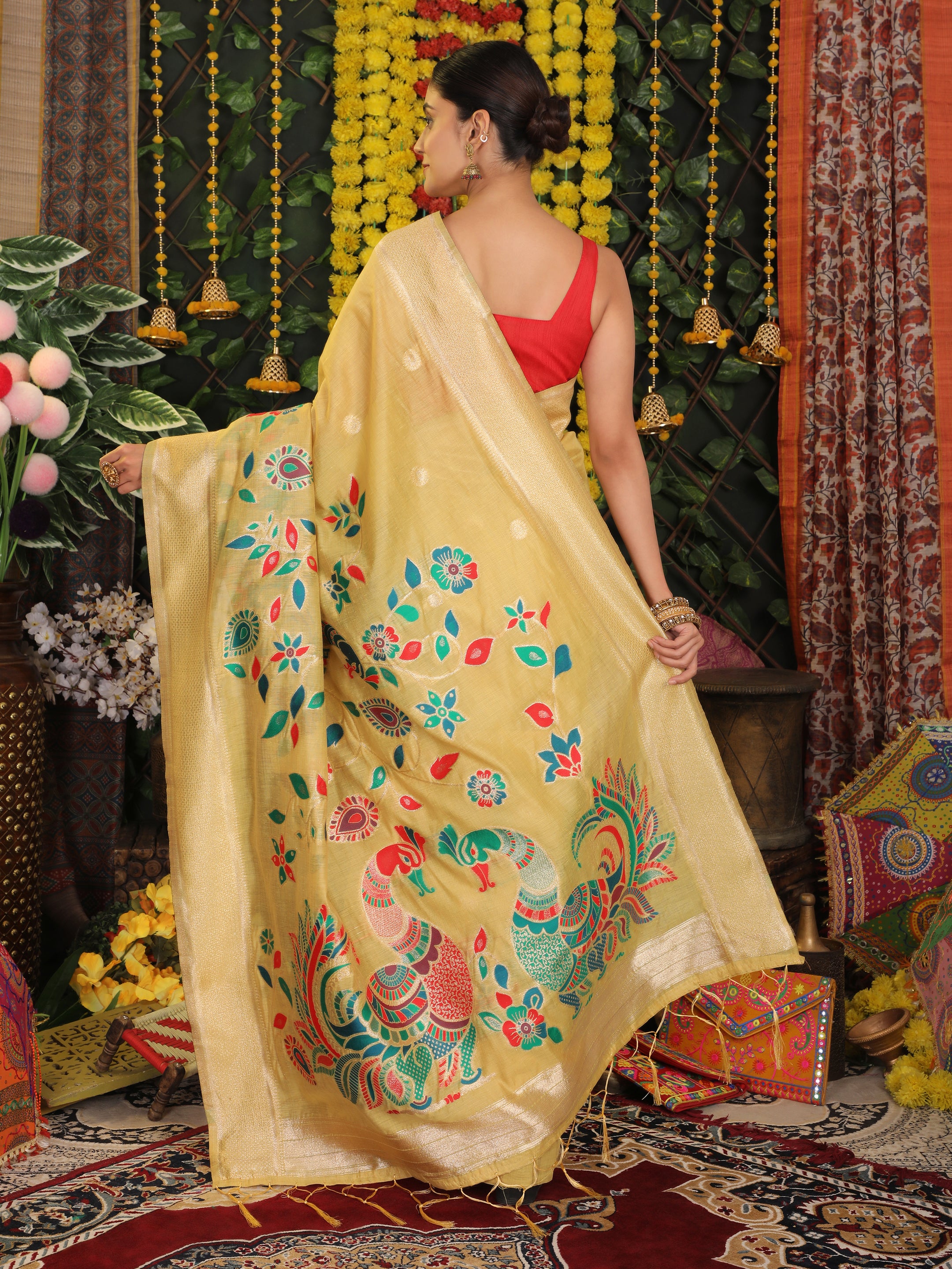 Cotton Linen Saree with Majestic Peacock Pallu & Premium Woven Zari Border- yellow