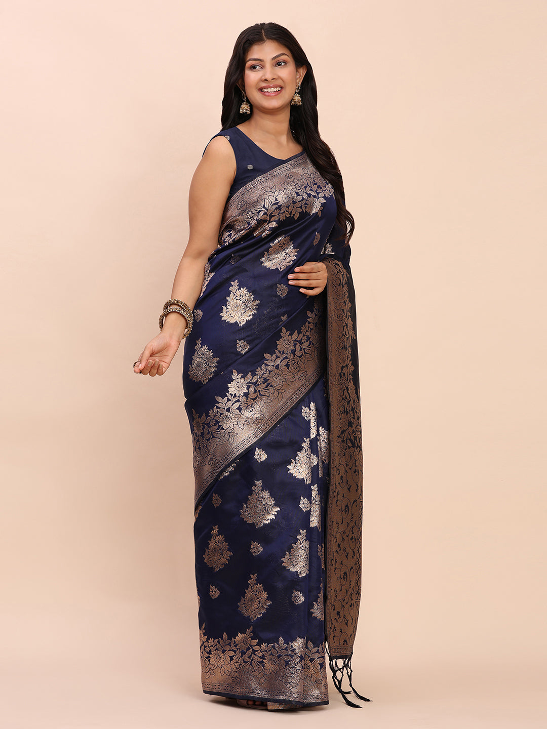 Banarasi Silk Saree with Rich Traditional Border & Grand Designer Pallu-navy blue