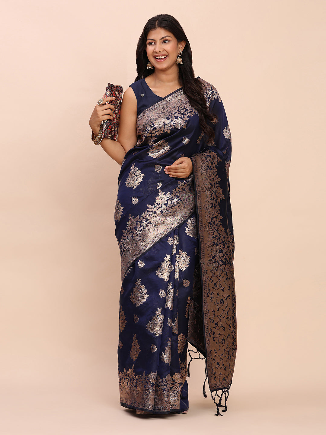 Banarasi Silk Saree with Rich Traditional Border & Grand Designer Pallu-navy blue