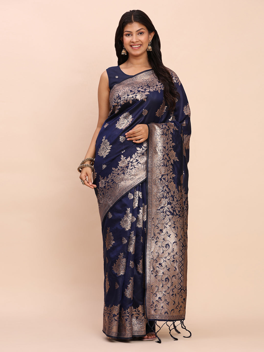 Banarasi Silk Saree with Rich Traditional Border & Grand Designer Pallu-navy blue