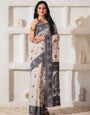 Cotton Linen Saree in Charcoal Black & White with Designer Pallu and Rich Border -1