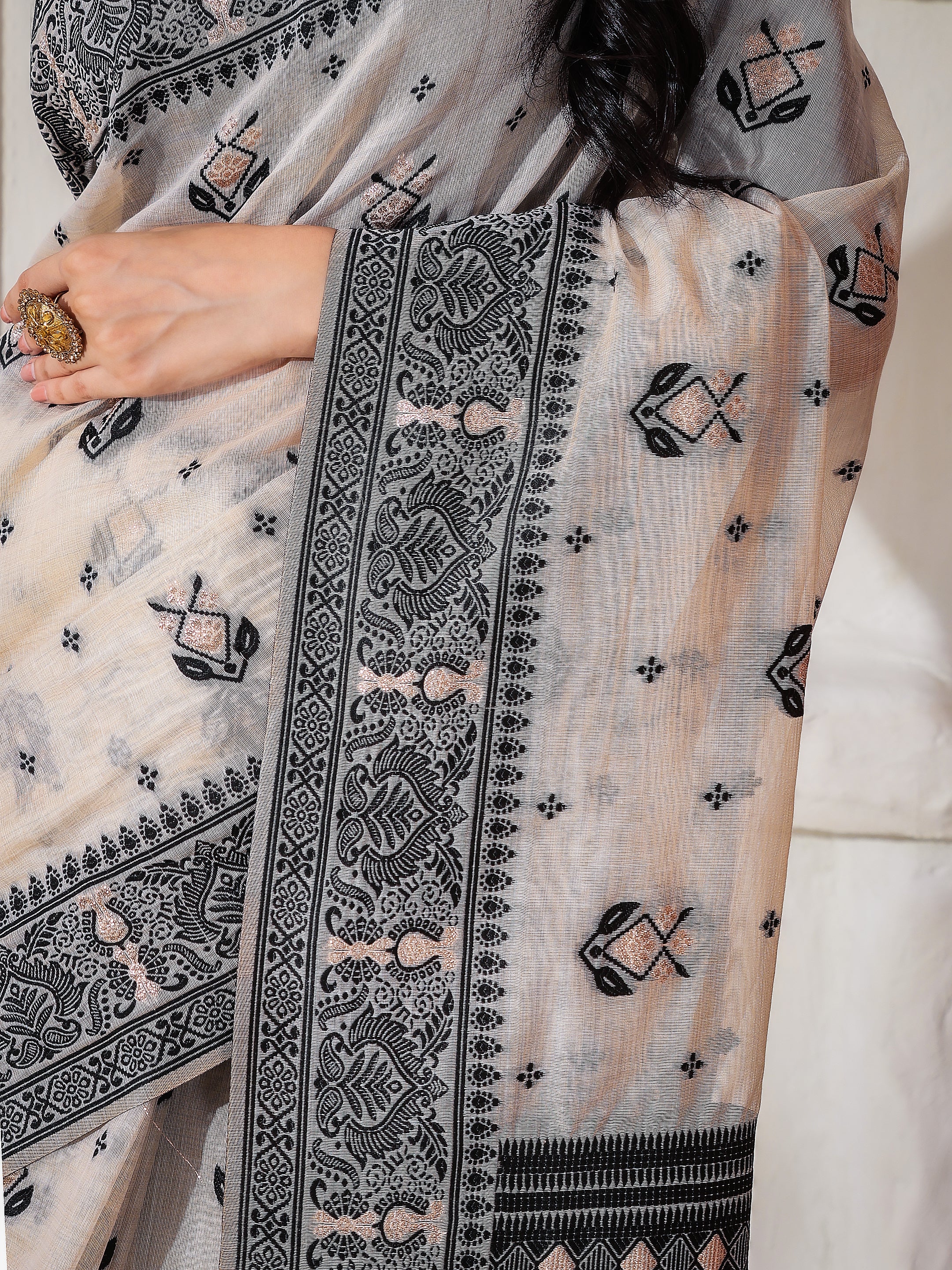 Cotton Linen Saree in Charcoal Black & White with Designer Pallu and Rich Border -1