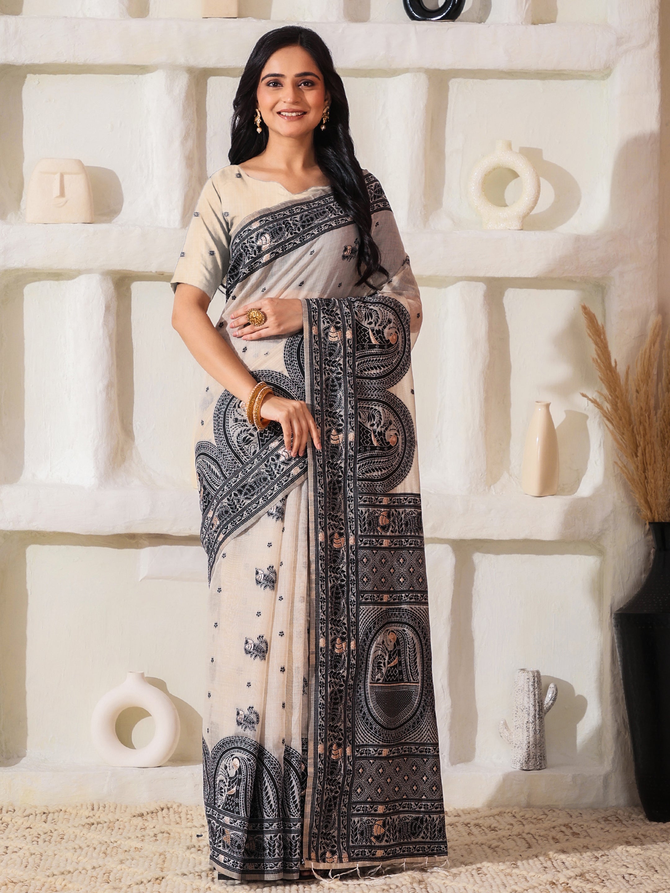Cotton Linen Saree in Charcoal Black & White with Designer Pallu and Rich Border -2
