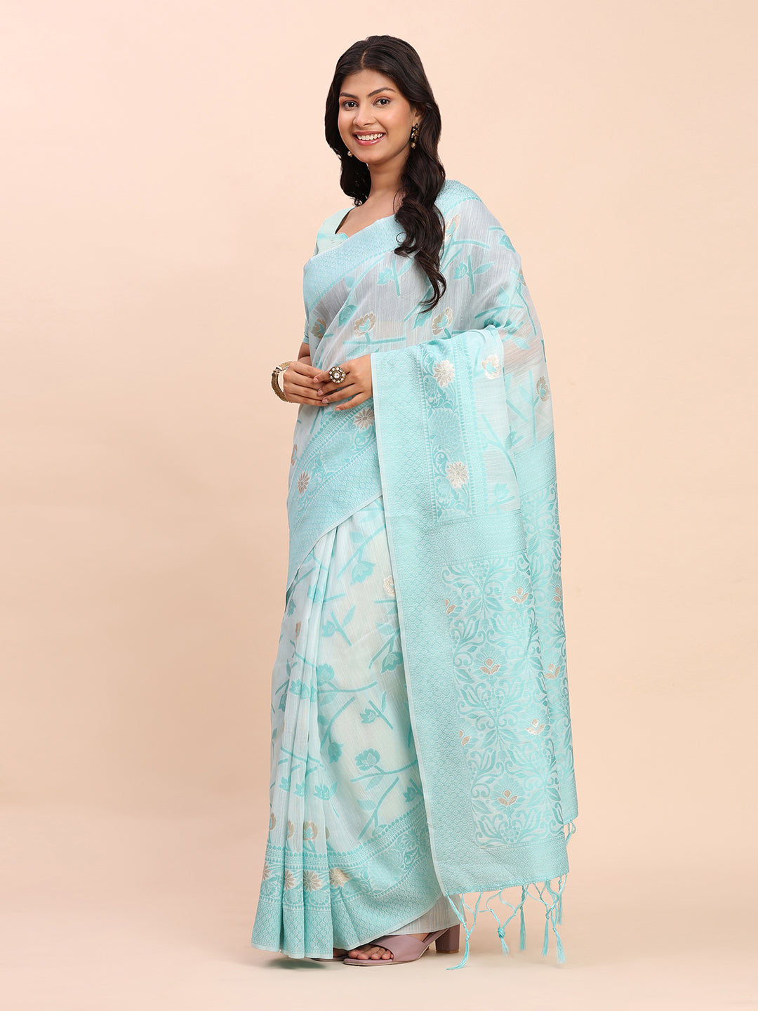 Cotton Linen Saree with Floral Designer Pallu & Elegant Traditional Border-Sky Blue