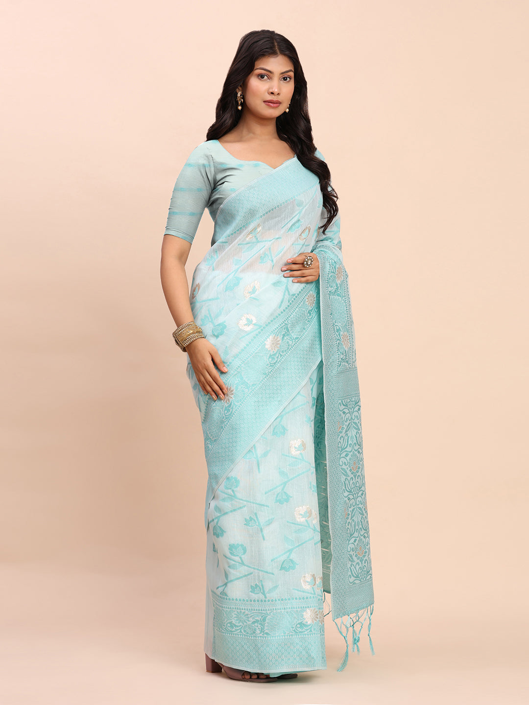 Cotton Linen Saree with Floral Designer Pallu & Elegant Traditional Border-Sky Blue