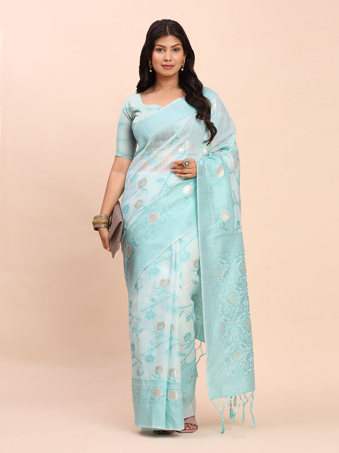 Cotton Linen Saree with Floral Designer Pallu & Elegant Traditional Border-Sky Blue