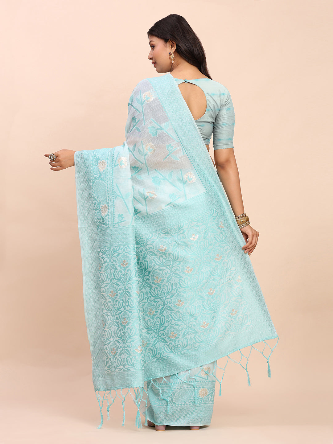 Cotton Linen Saree with Floral Designer Pallu & Elegant Traditional Border-Sky Blue