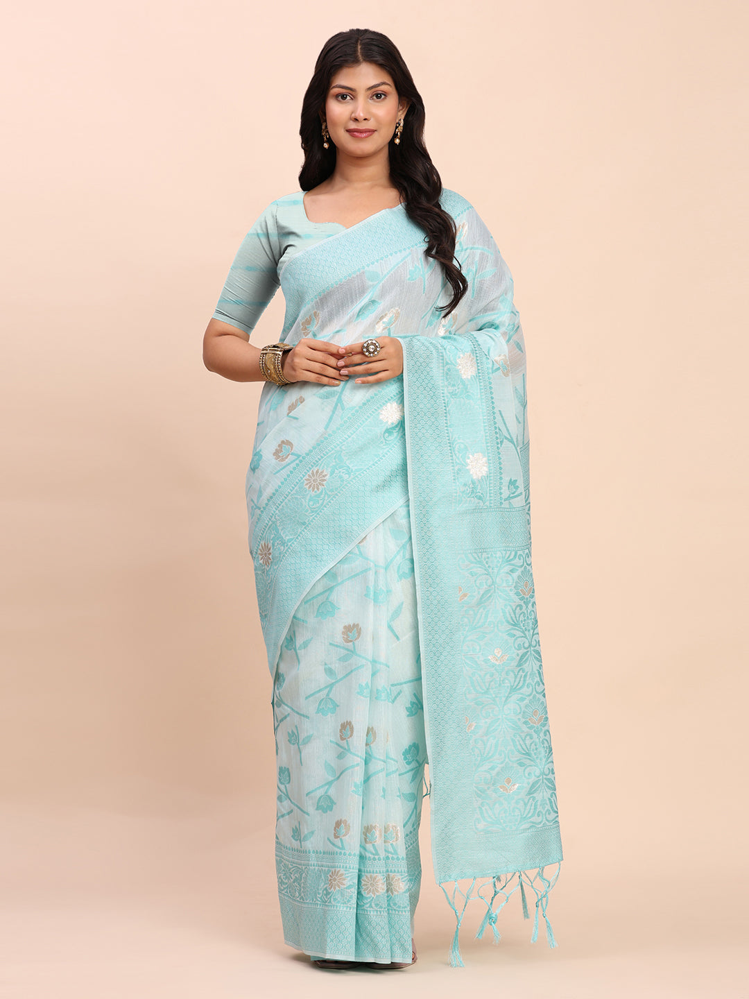 Cotton Linen Saree with Floral Designer Pallu & Elegant Traditional Border-Sky Blue