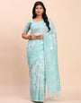 Cotton Linen Saree with Floral Designer Pallu & Elegant Traditional Border-Sky Blue