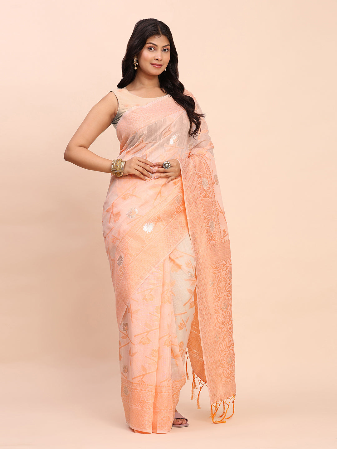 Cotton Linen Saree with Floral Designer Pallu & Elegant Traditional Border-peach
