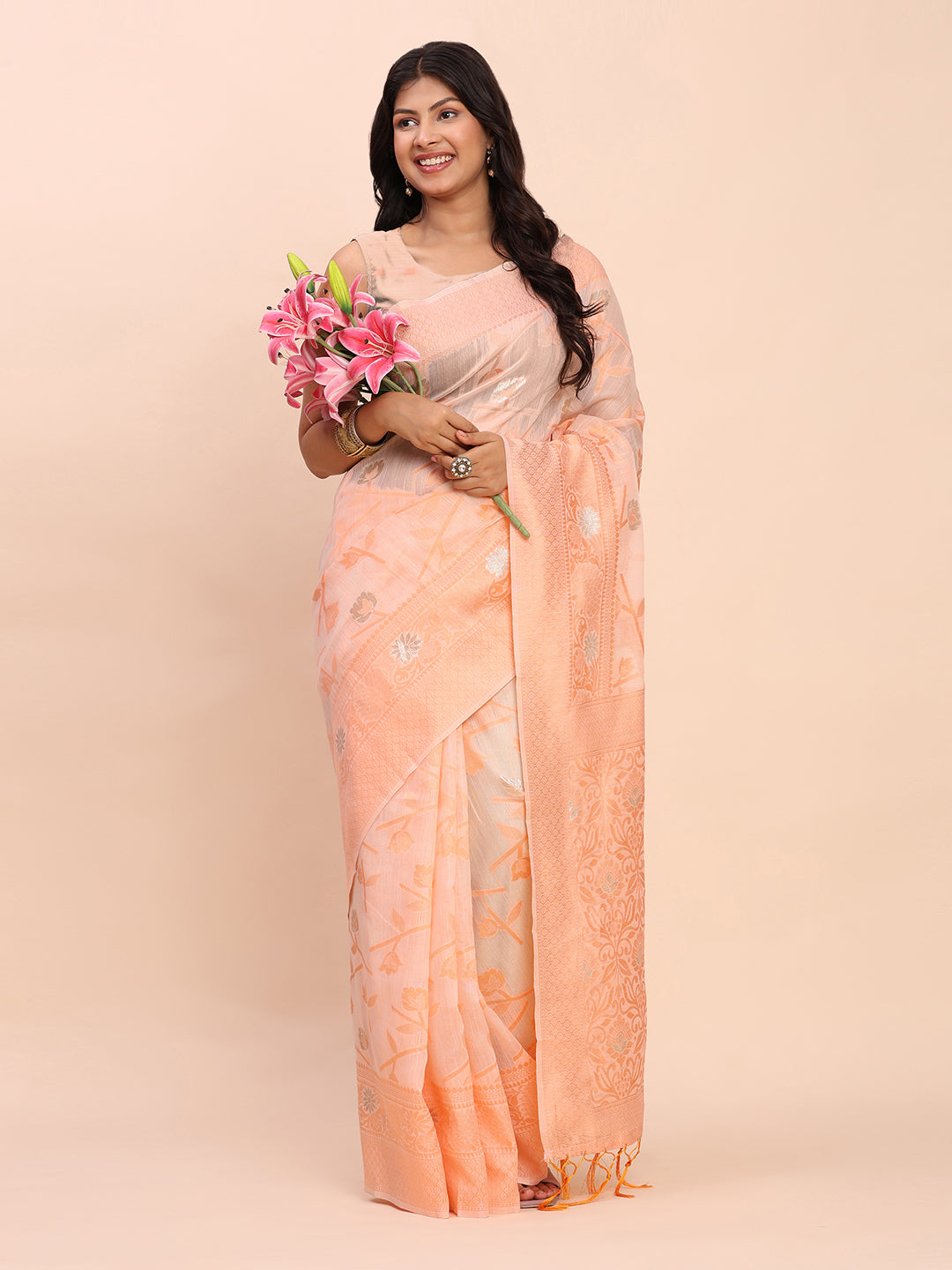 Cotton Linen Saree with Floral Designer Pallu & Elegant Traditional Border-peach