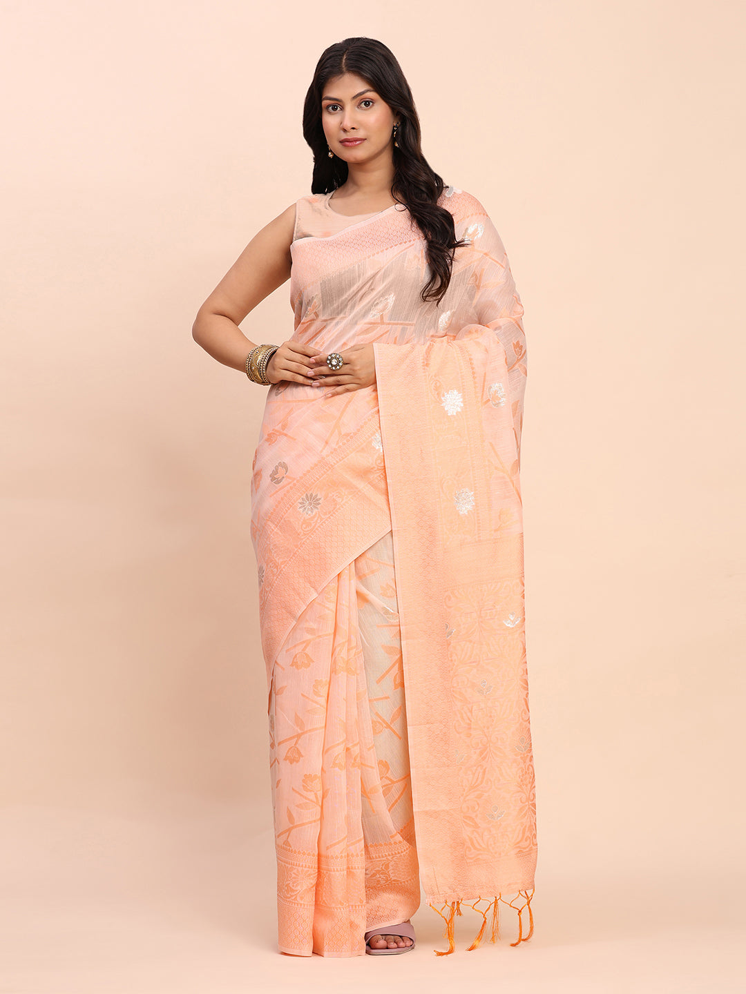 Cotton Linen Saree with Floral Designer Pallu & Elegant Traditional Border-peach