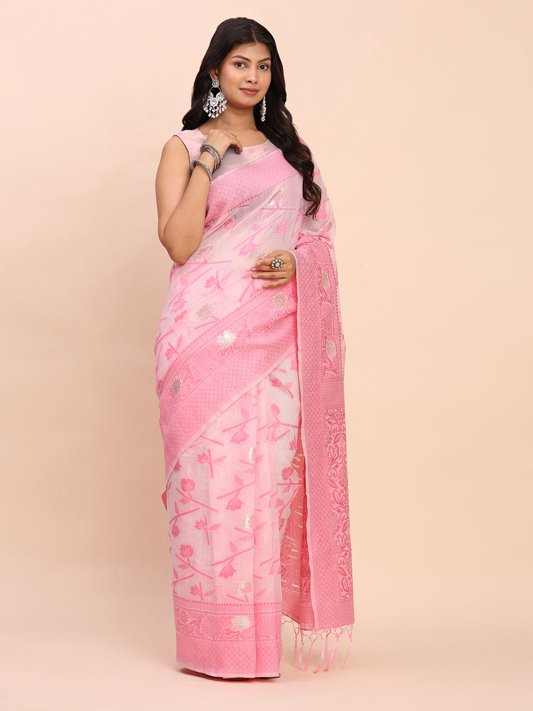 Cotton Linen Saree with Floral Designer Pallu & Elegant Traditional Border-lightpink