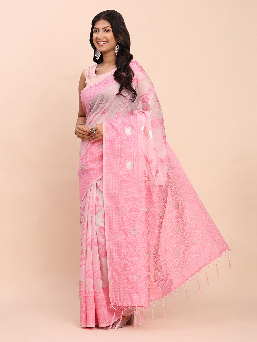 Cotton Linen Saree with Floral Designer Pallu & Elegant Traditional Border-lightpink