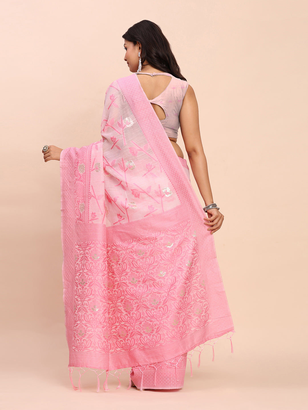 Cotton Linen Saree with Floral Designer Pallu & Elegant Traditional Border-lightpink