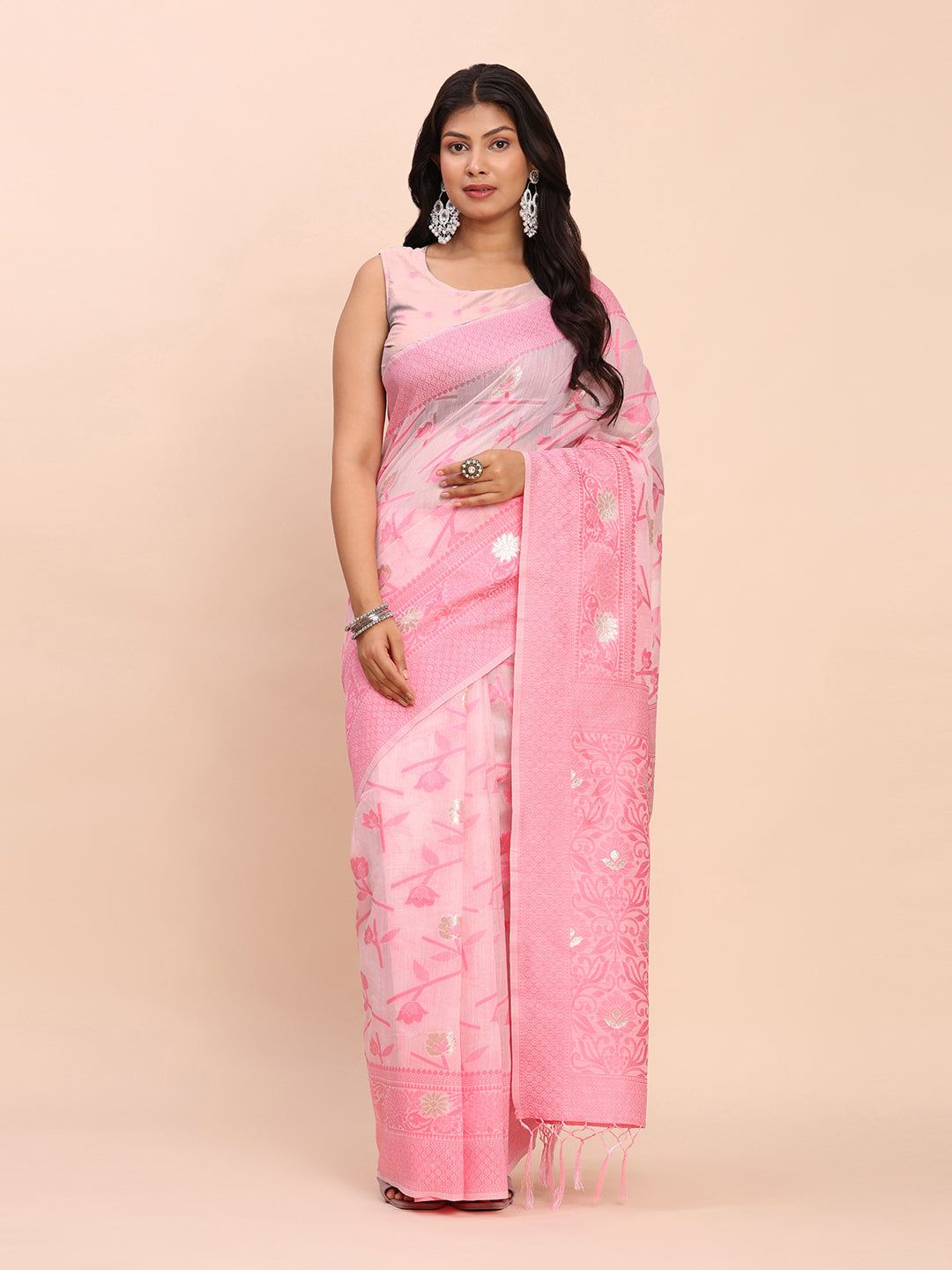 Cotton Linen Saree with Floral Designer Pallu & Elegant Traditional Border-lightpink