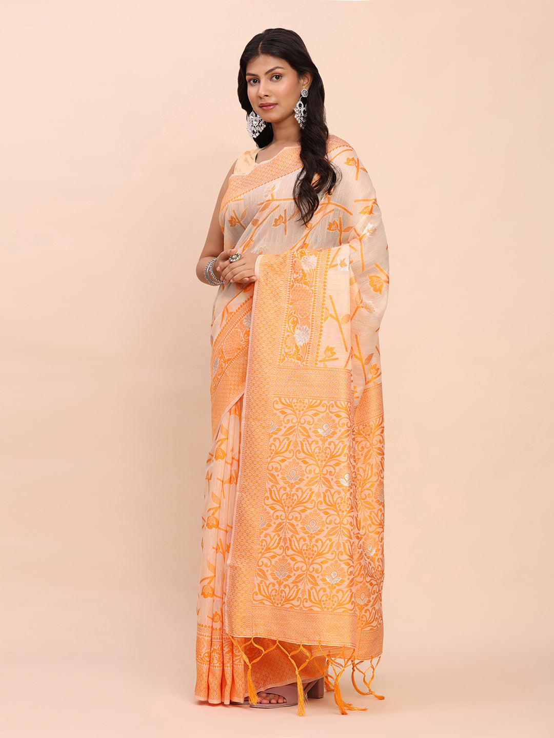 Cotton Linen Saree with Floral Designer Pallu & Elegant Traditional Border-orange