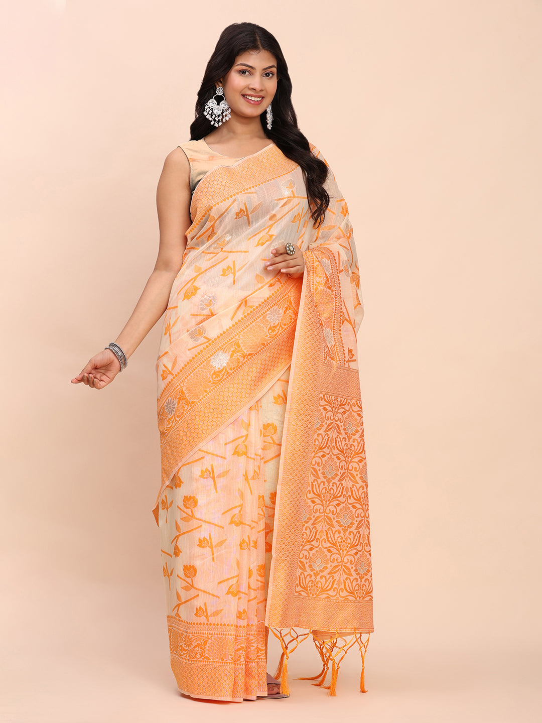 Cotton Linen Saree with Floral Designer Pallu & Elegant Traditional Border-orange