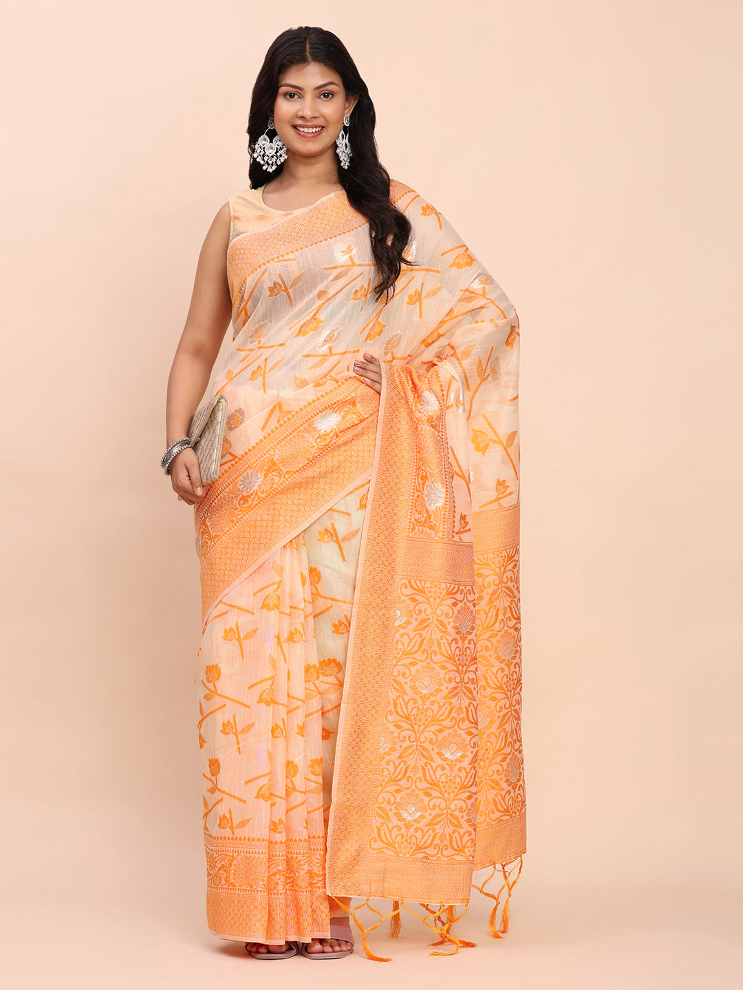 Cotton Linen Saree with Floral Designer Pallu & Elegant Traditional Border-orange