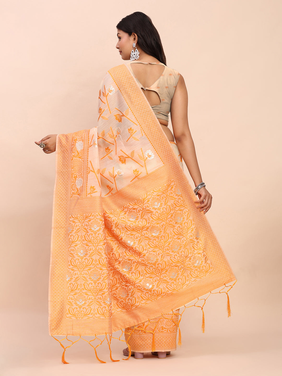 Cotton Linen Saree with Floral Designer Pallu & Elegant Traditional Border-orange