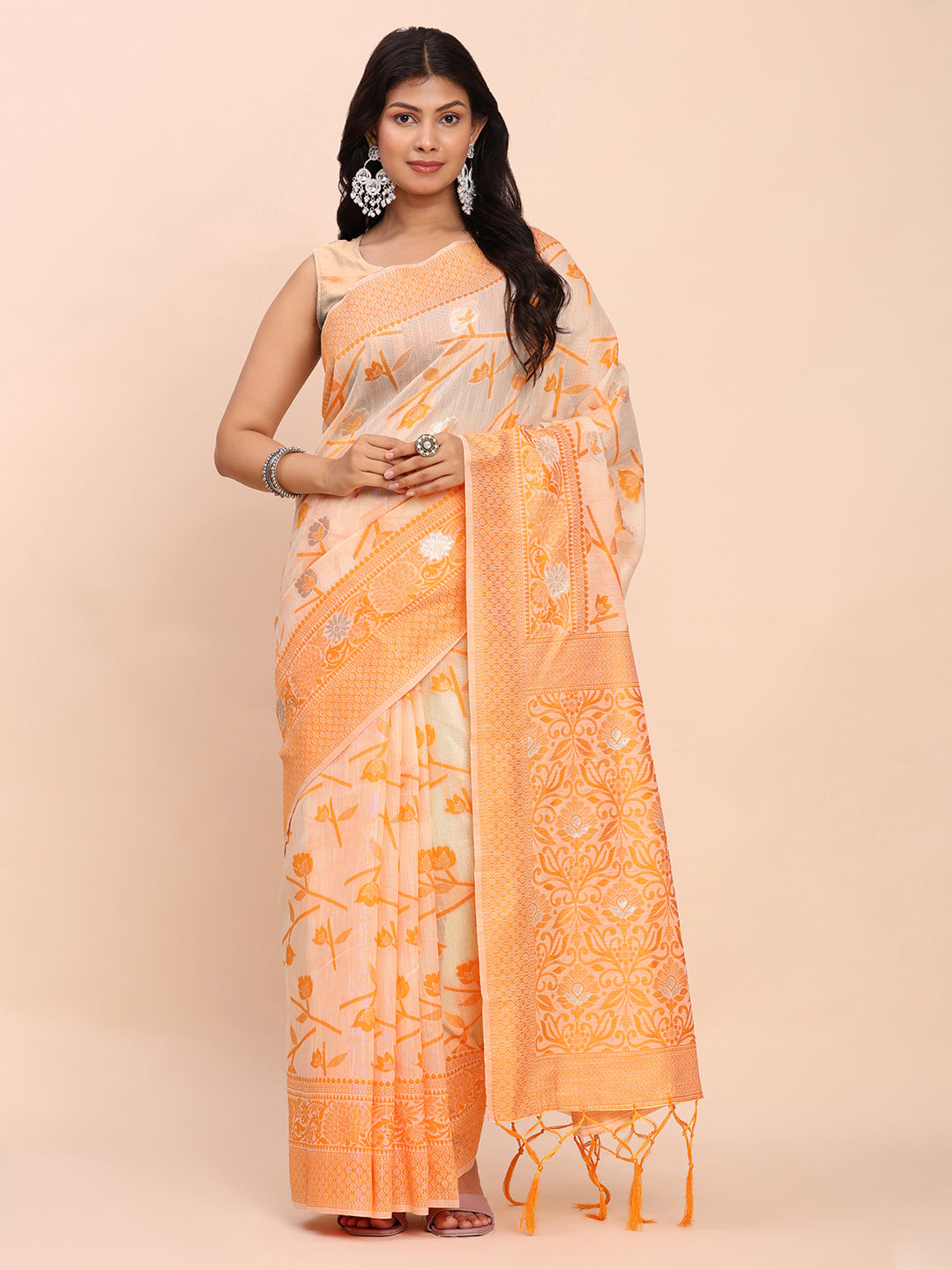 Cotton Linen Saree with Floral Designer Pallu & Elegant Traditional Border-orange