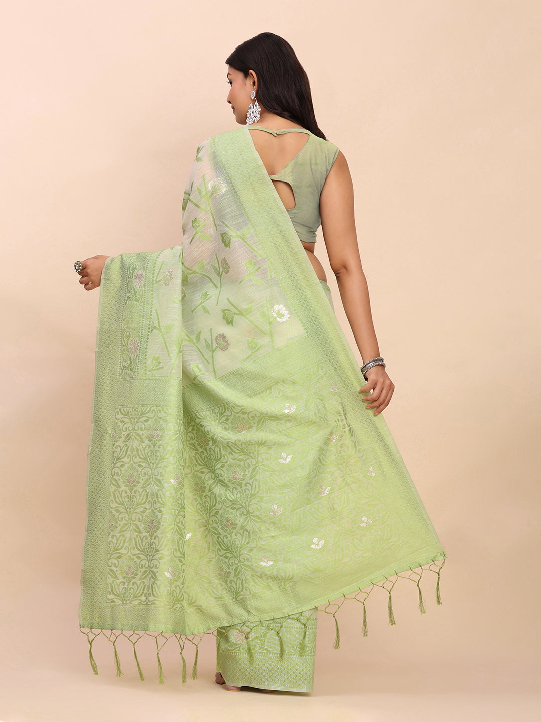 Cotton Linen Saree with Floral Designer Pallu & Elegant Traditional Border-lightgreen
