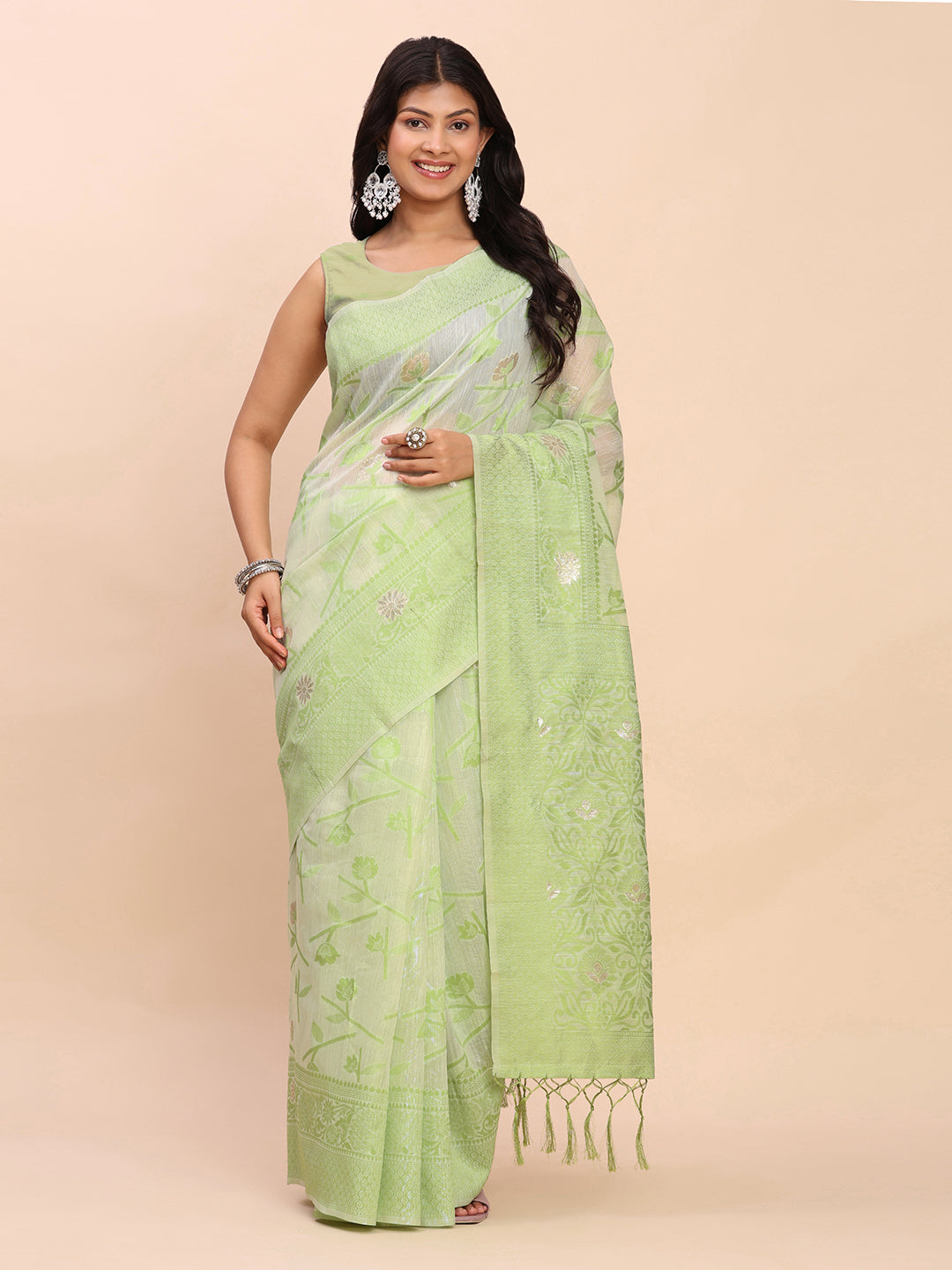 Cotton Linen Saree with Floral Designer Pallu & Elegant Traditional Border-lightgreen