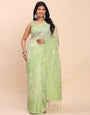 Cotton Linen Saree with Floral Designer Pallu & Elegant Traditional Border-lightgreen