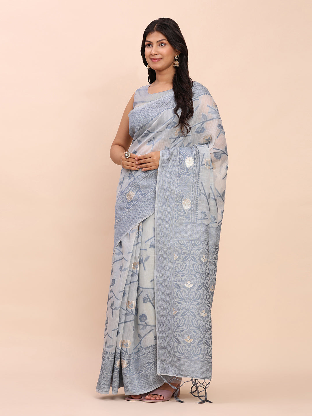 Cotton Linen Saree with Floral Designer Pallu & Elegant Traditional Border-grey