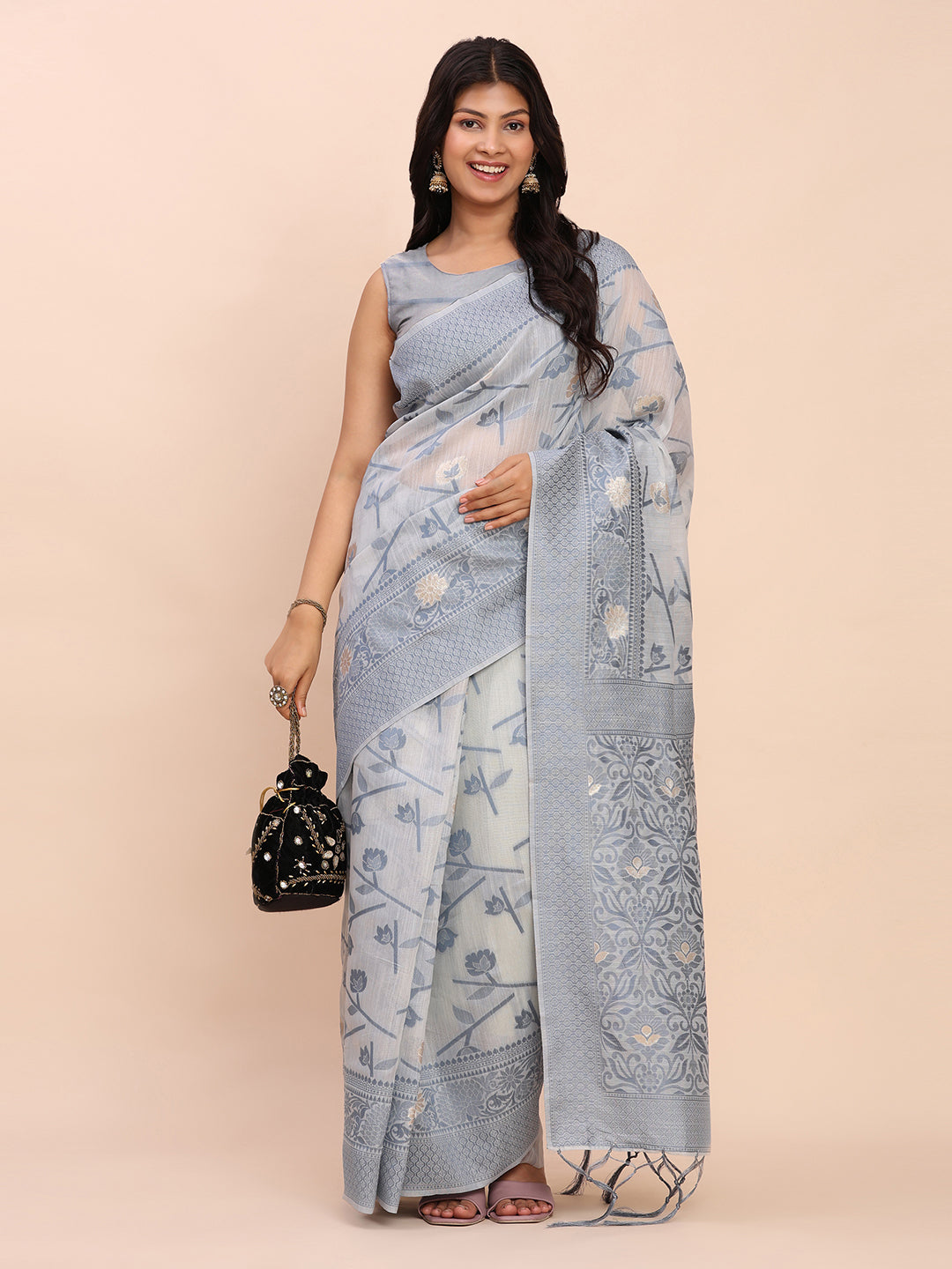 Cotton Linen Saree with Floral Designer Pallu & Elegant Traditional Border-grey