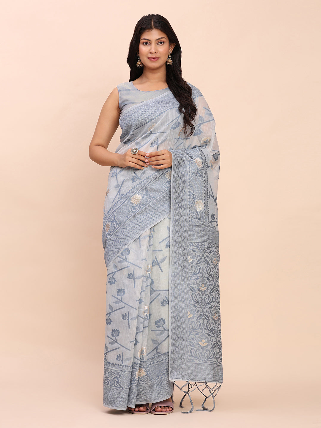 Cotton Linen Saree with Floral Designer Pallu & Elegant Traditional Border-grey