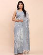 Cotton Linen Saree with Floral Designer Pallu & Elegant Traditional Border-grey