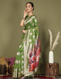Cotton Linen Saree with Designer Floral Pallu & Premium Traditional Border-green
