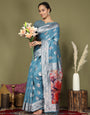 Cotton Linen Saree with Designer Floral Pallu & Premium Traditional Border-Sky Blue