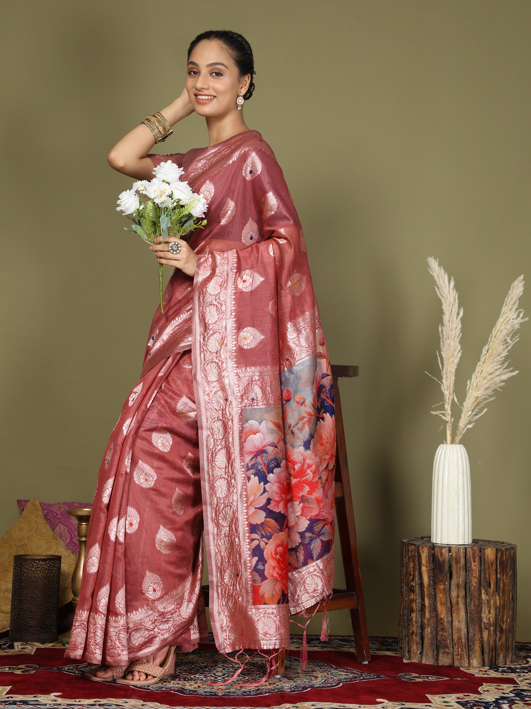 Cotton Linen Saree with Designer Floral Pallu & Premium Traditional Border-Rust