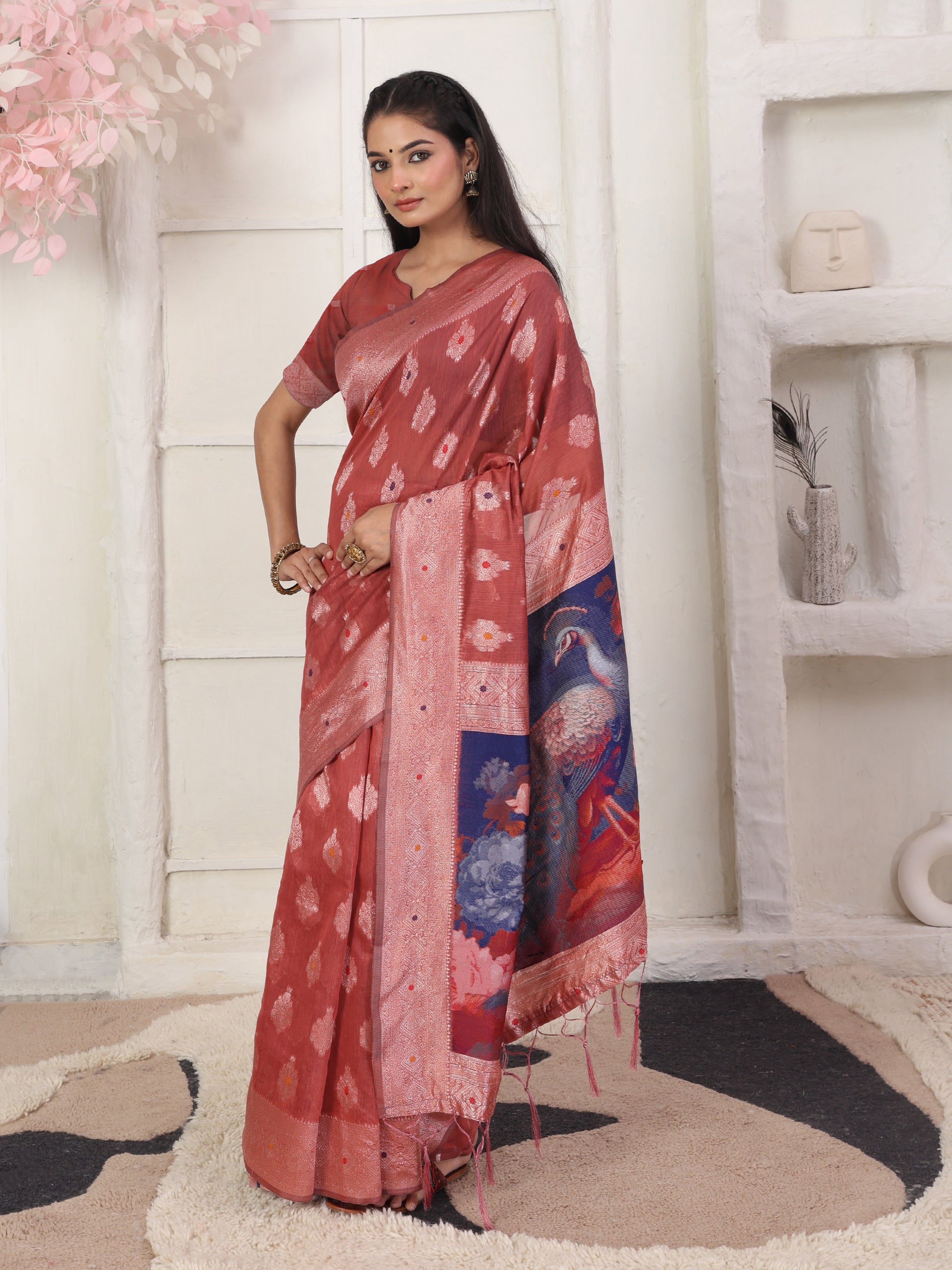 Cotton Linen Woven Saree with Peacock Design Pallu & Fine Zari Border-rust