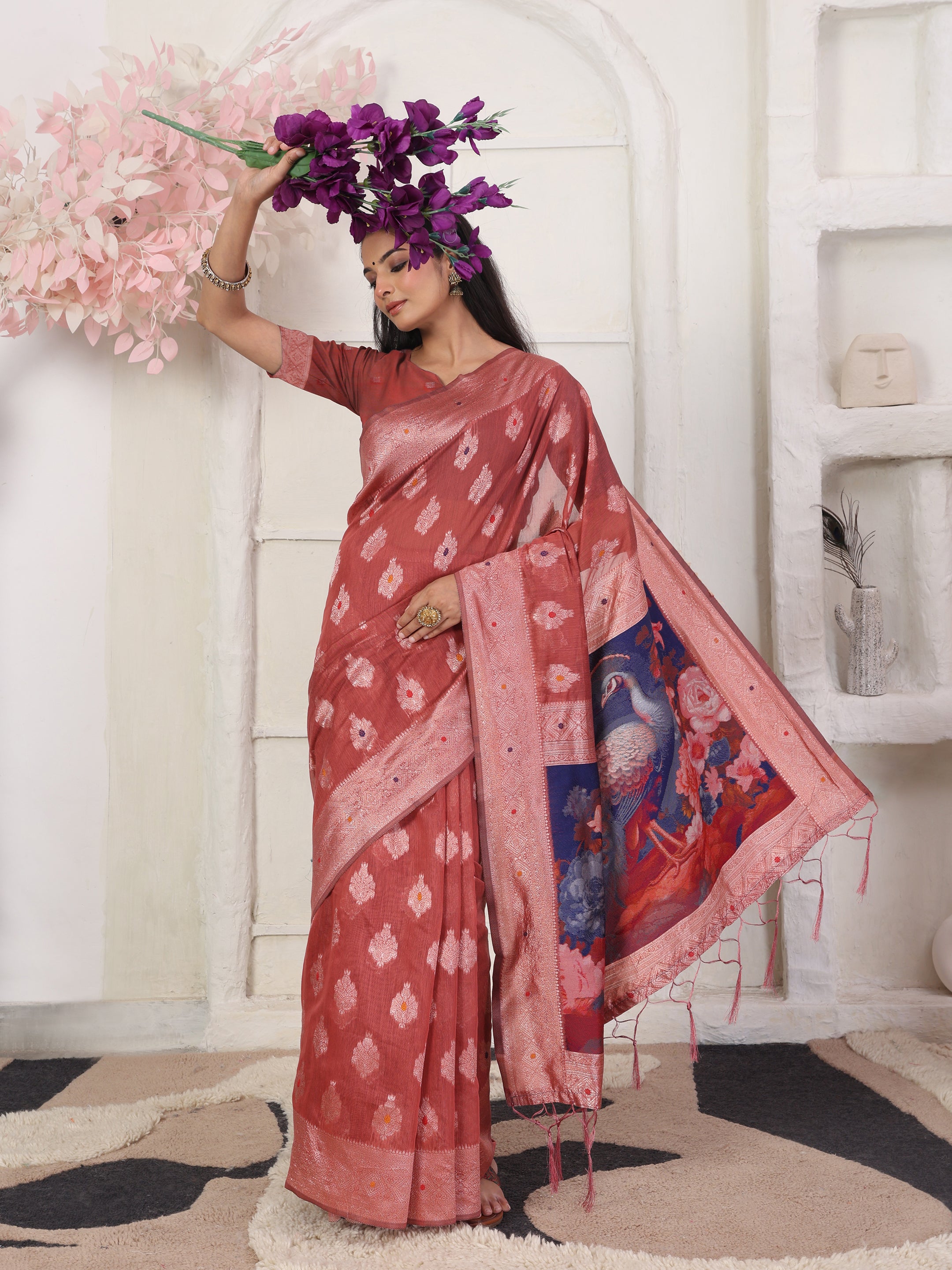 Cotton Linen Woven Saree with Peacock Design Pallu & Fine Zari Border-rust