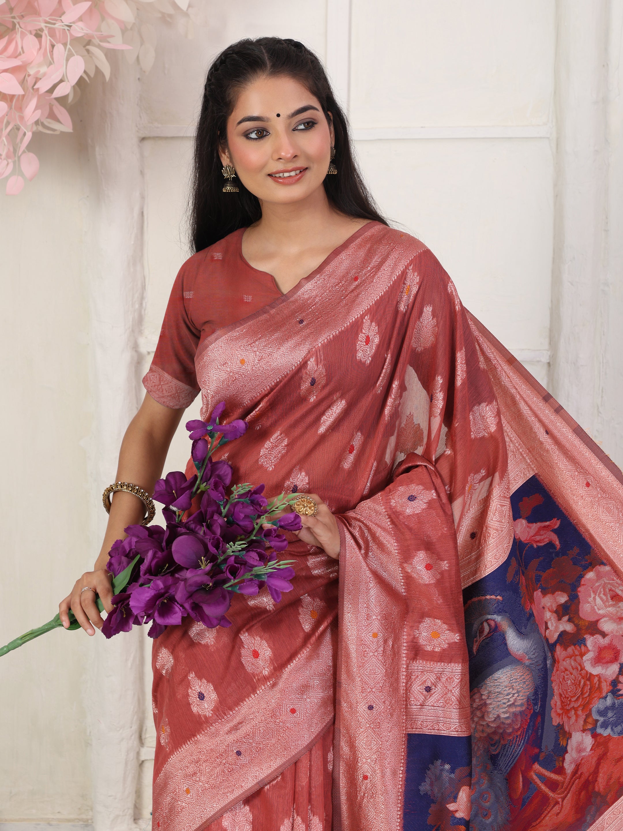 Cotton Linen Woven Saree with Peacock Design Pallu & Fine Zari Border-rust