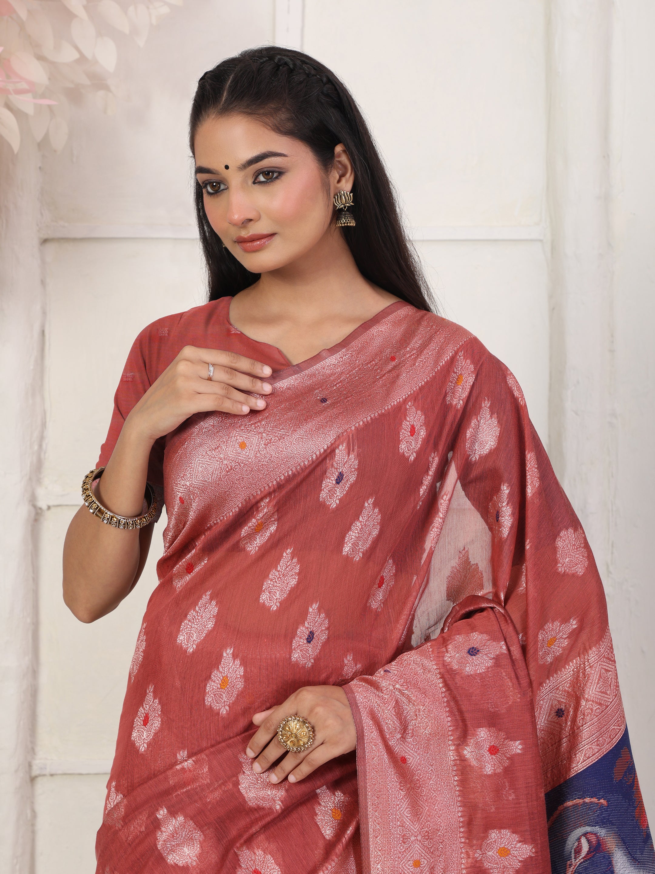 Cotton Linen Woven Saree with Peacock Design Pallu & Fine Zari Border-rust