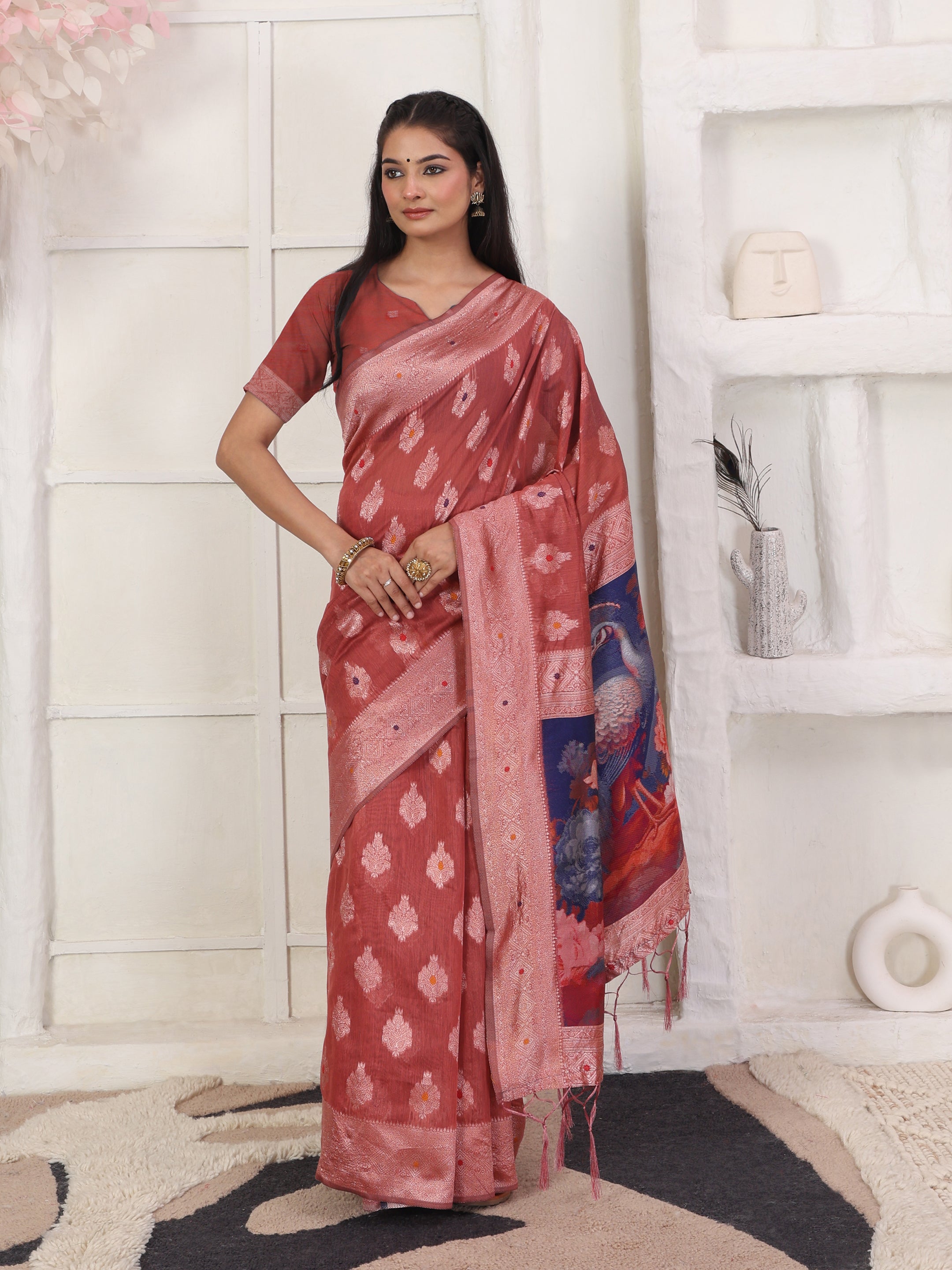 Cotton Linen Woven Saree with Peacock Design Pallu & Fine Zari Border-rust