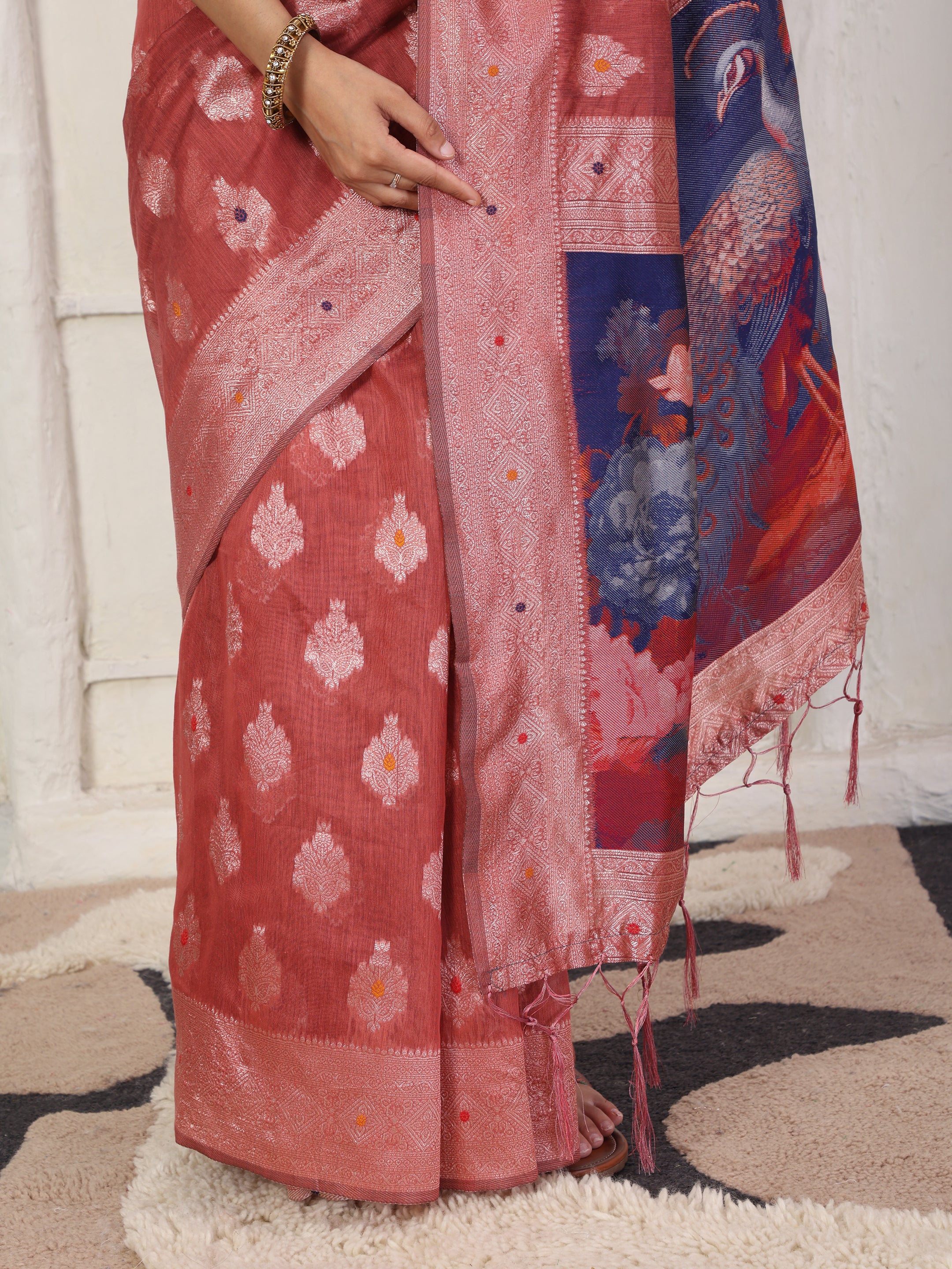 Cotton Linen Woven Saree with Peacock Design Pallu & Fine Zari Border-rust