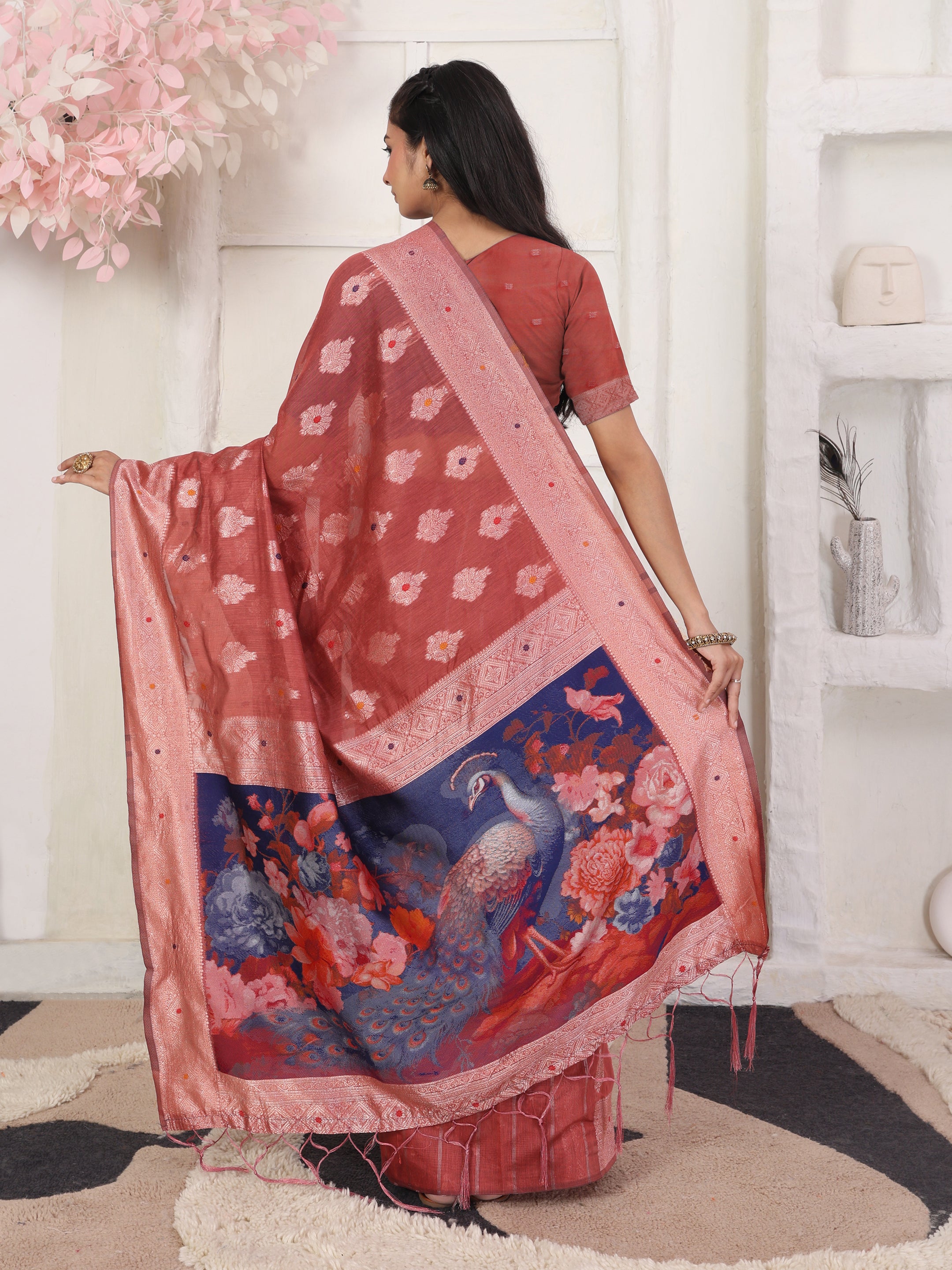 Cotton Linen Woven Saree with Peacock Design Pallu & Fine Zari Border-rust
