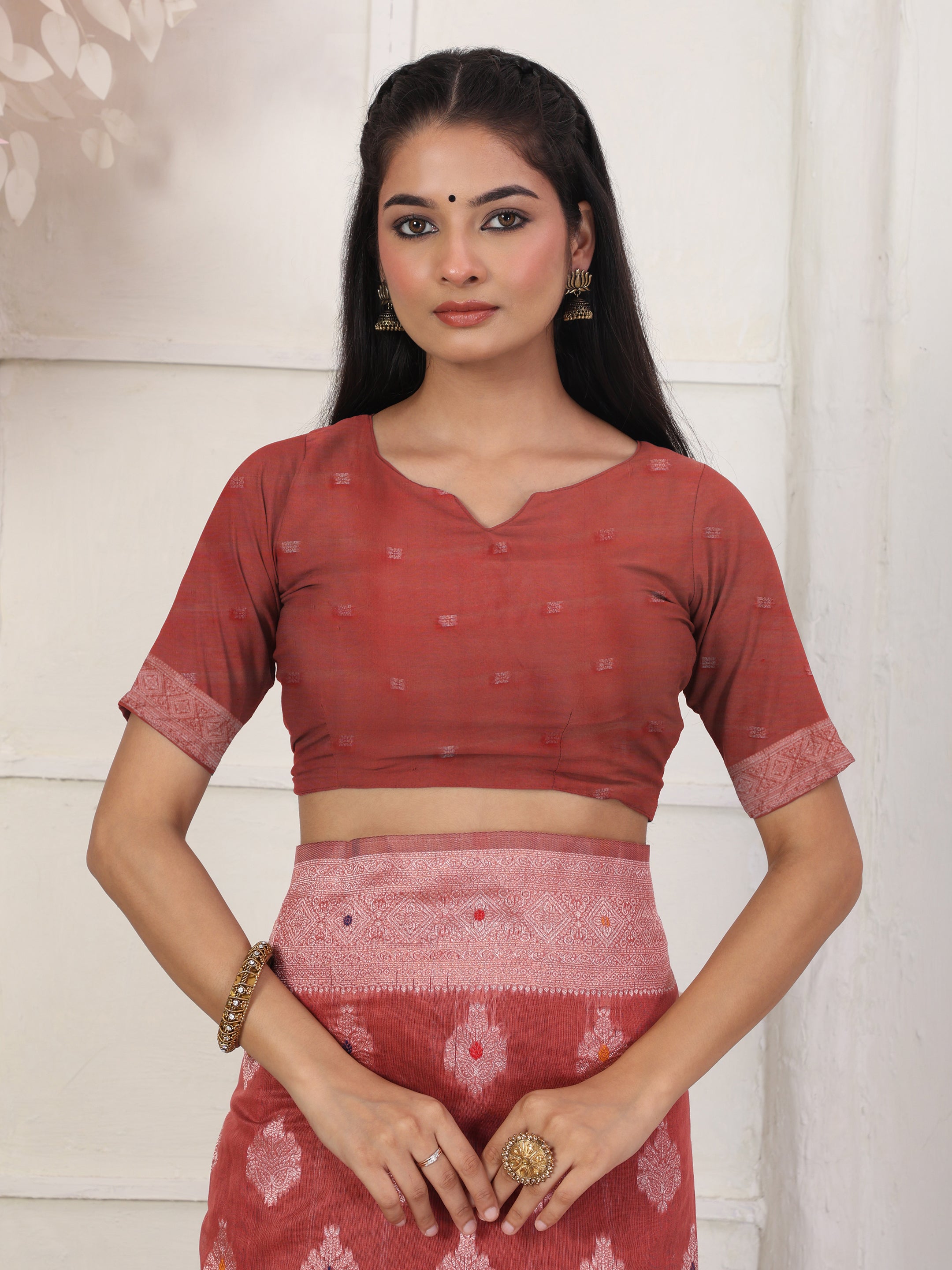 Cotton Linen Woven Saree with Peacock Design Pallu & Fine Zari Border-rust